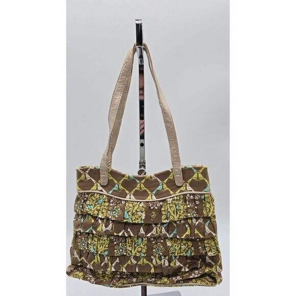 Vera Bradley Ruffled Tote Bag and wallet With Bird Print Brown/Green/Yellow 14" - Picture 1 of 10